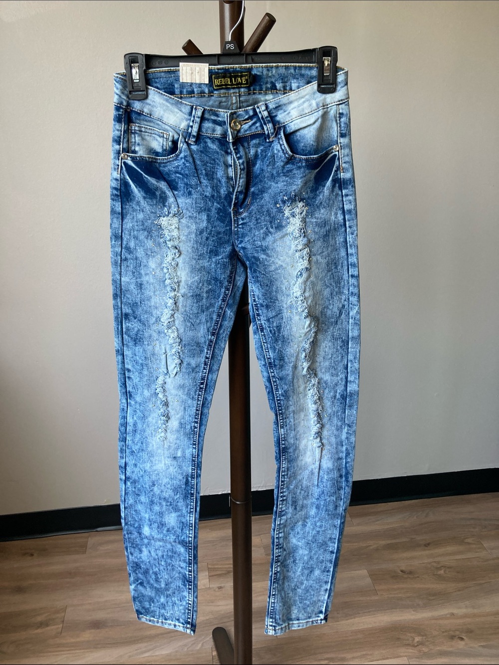 Rebel love jean distressed retro jean acid wash like color embellished 5 / 6 jr - Picture 15 of 17